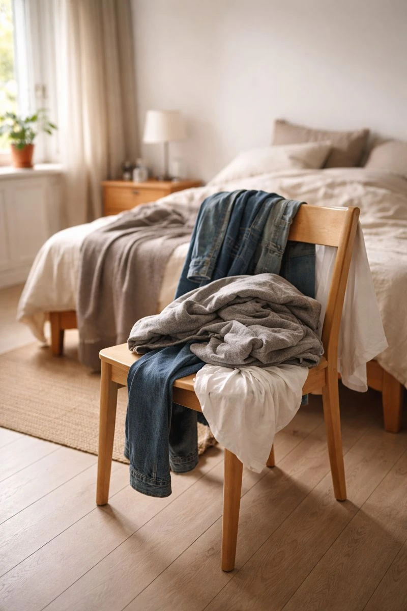 Vorher: Chaos und Kleidung auf Stuhl